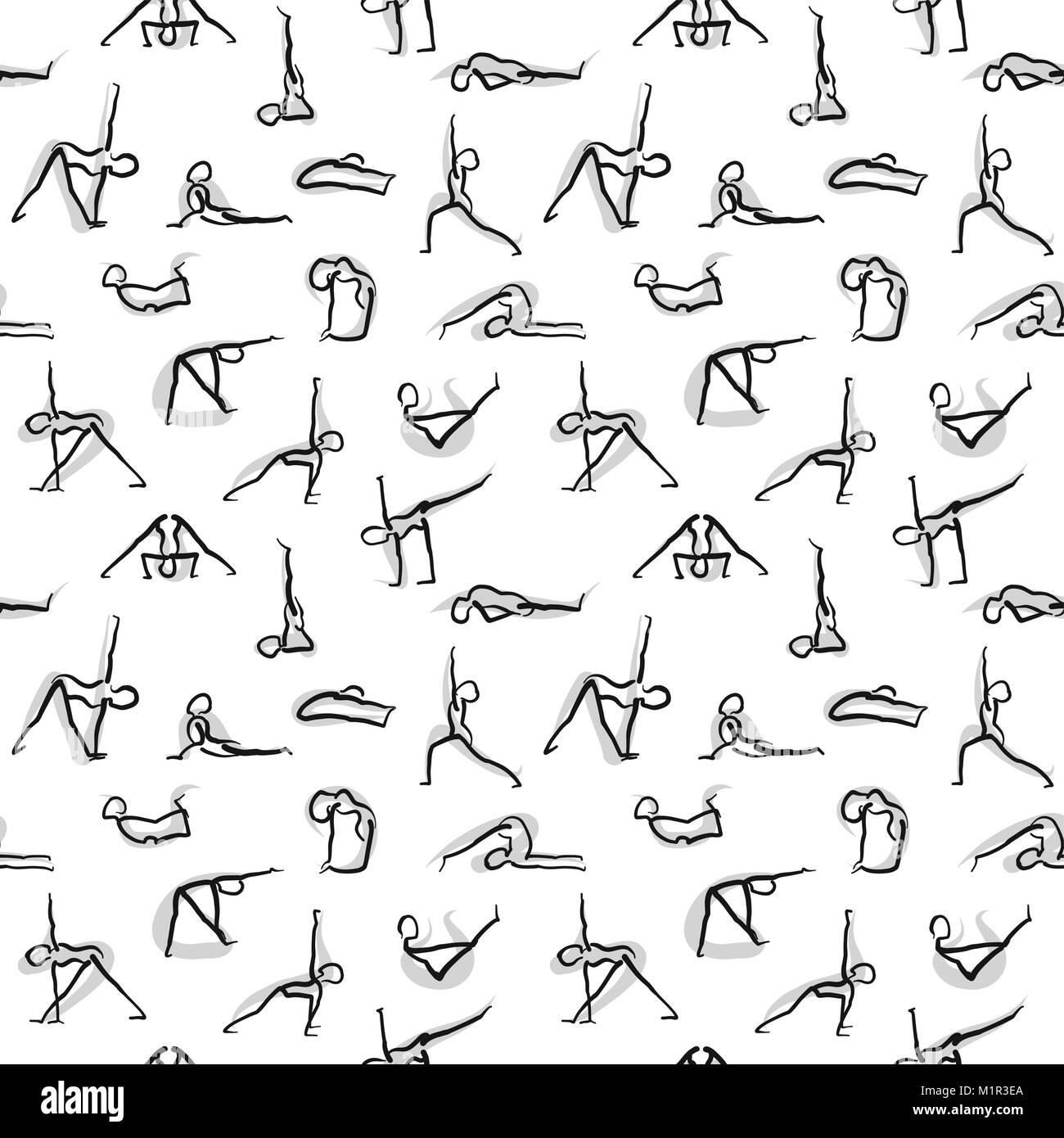 Icone di Yoga wallpaper design, disegnato a mano modello senza cuciture su sfondo bianco. Vettore schizzo d'arte. Illustrazione Vettoriale