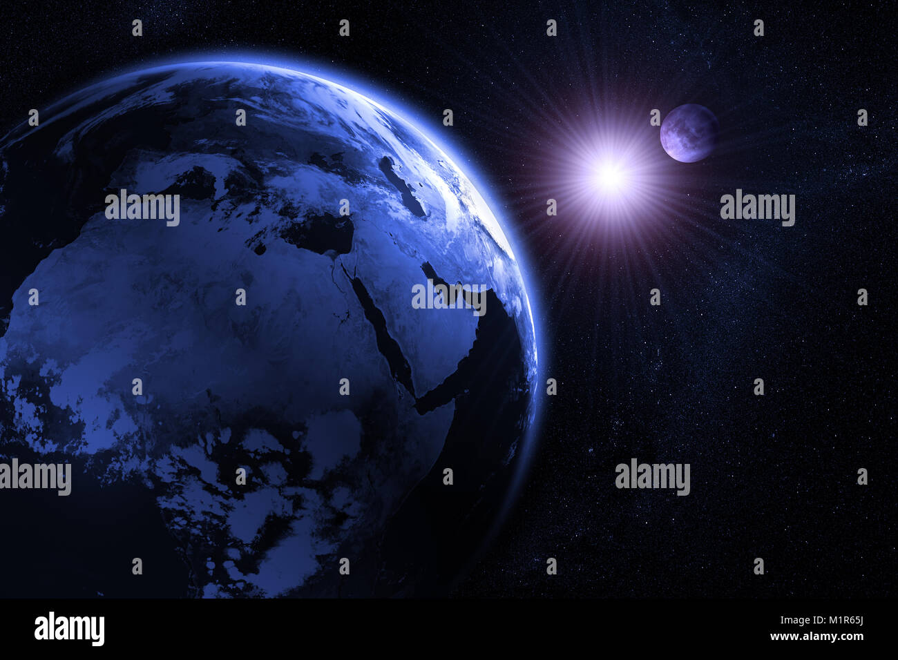 3D Rendering della Luna e la messa a terra prima di un eclissi solare Foto Stock