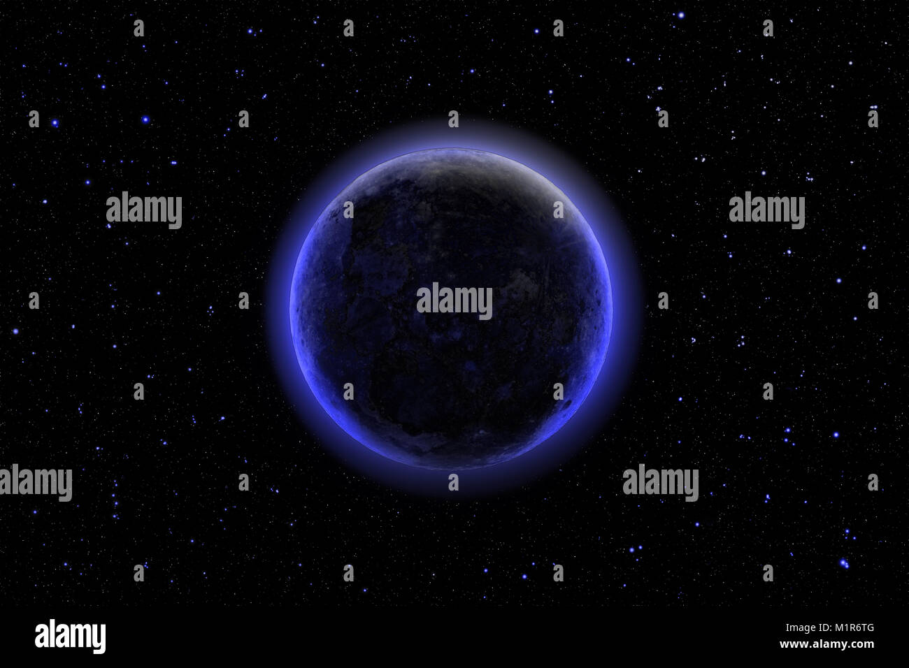 Spazio profondo imaginery, distante buio misterioso pianeta brilla contro il cielo stellato Foto Stock