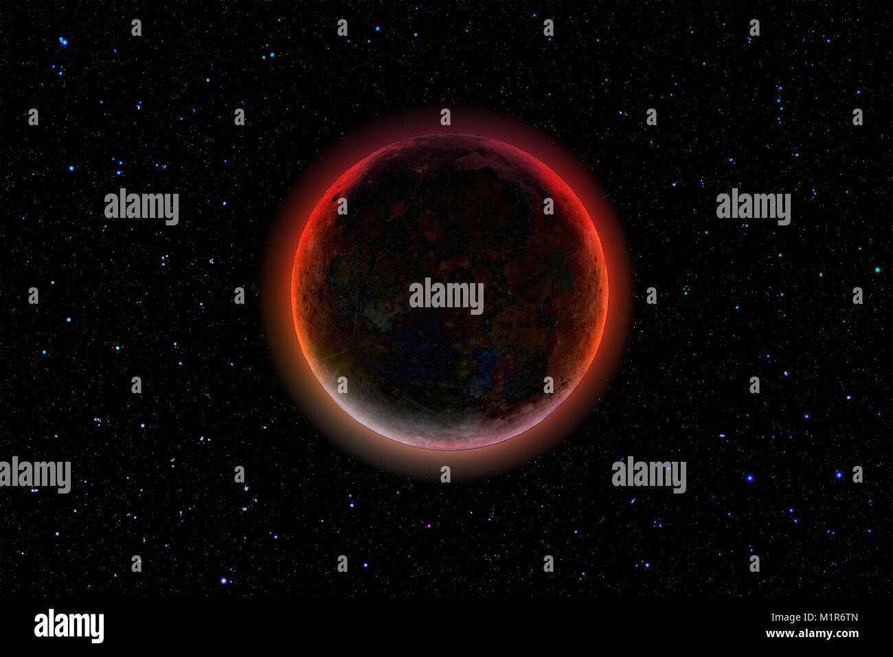 Spazio profondo imaginery, distante buio misterioso pianeta brilla contro il cielo stellato Foto Stock