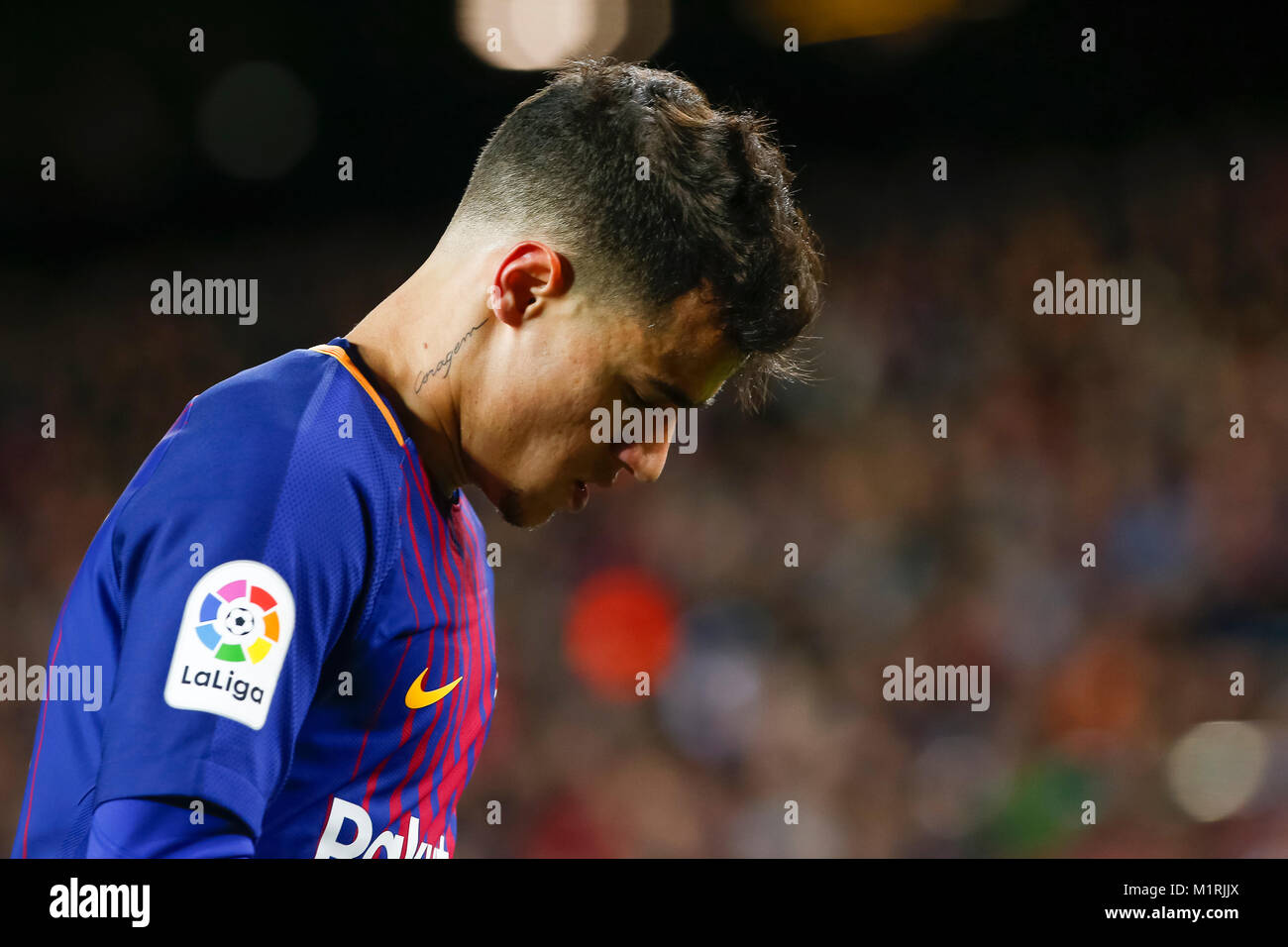 Barcellona, Spagna. 01 feb 2018. Centrocampista Barcellona Philippe Coutinho (14) durante il match tra Barcellona e Valencia CF, per la semi finale, la prima gamba, della Copa del Rey, giocato al Camp Nou Stadium il 1° febbraio 2018 a Barcellona, Spagna. Credito: Gtres Información más Comuniación on line, S.L./Alamy Live News Foto Stock