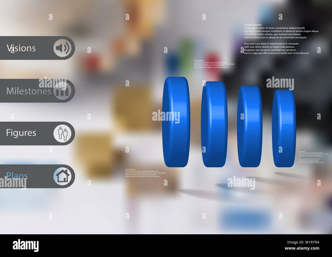 3D illustrazione modello infografico con motivo di quattro cilindri blu disposte in orizzontale con un semplice segno e un testo di esempio sul lato a barre. Sfocato Illustrazione Vettoriale