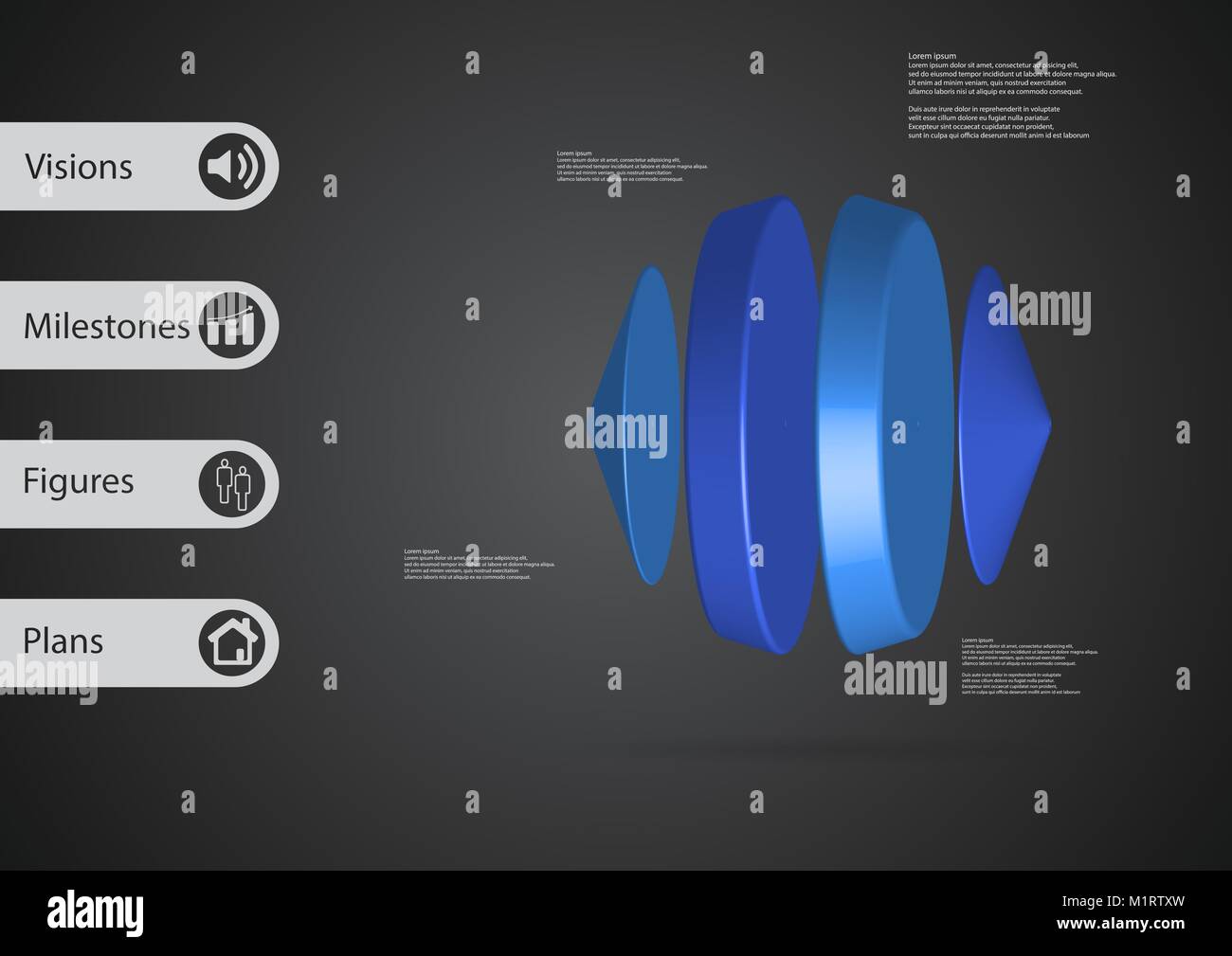 3D illustrazione modello infografico con motivo di due coni e due cilindri tra disposta orizzontalmente con il colore blu con un semplice segno e samp Illustrazione Vettoriale