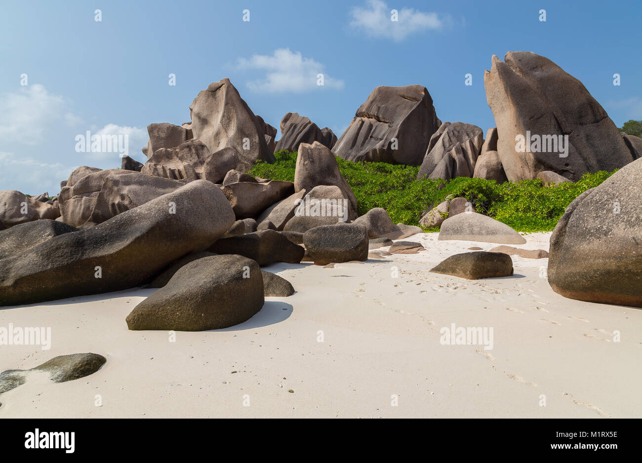 Anse Marron sulla spiaggia di La Digue Seychelles. Foto Stock