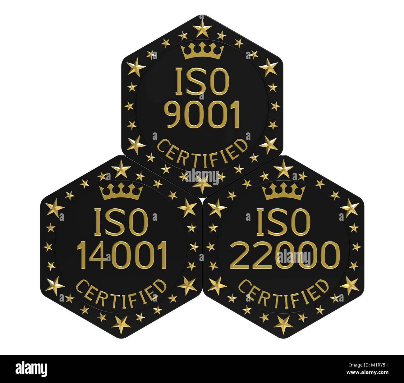 Sistema di gestione integrato, combinazione di ISO 9001, ISO 14001 e ISO 22000, 3D rendering, isolato su bianco Foto Stock