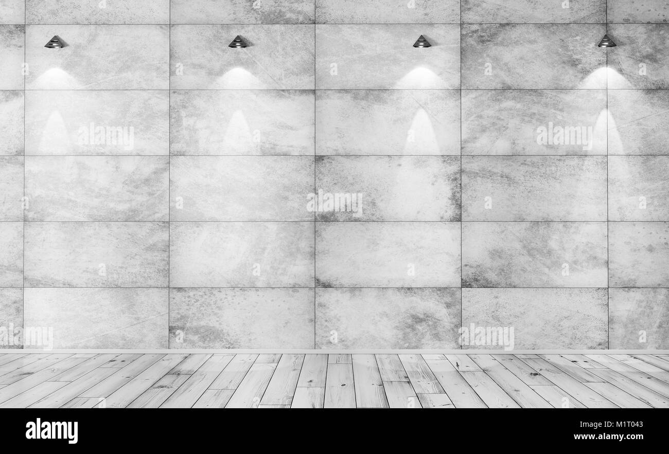 Interno sullo sfondo di una stanza con calcestruzzo parete piastrellata, beton piano e luci da parete 3d rendering Foto Stock