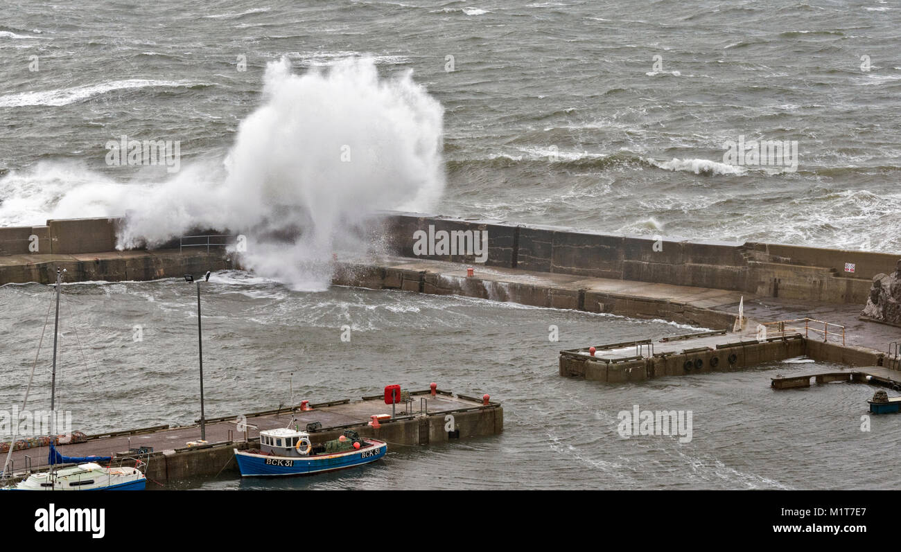 Porto PORTKNOCKIE MORAY Scozia la parete del mare martoriata da venti di tempesta onde enormi e spray Foto Stock