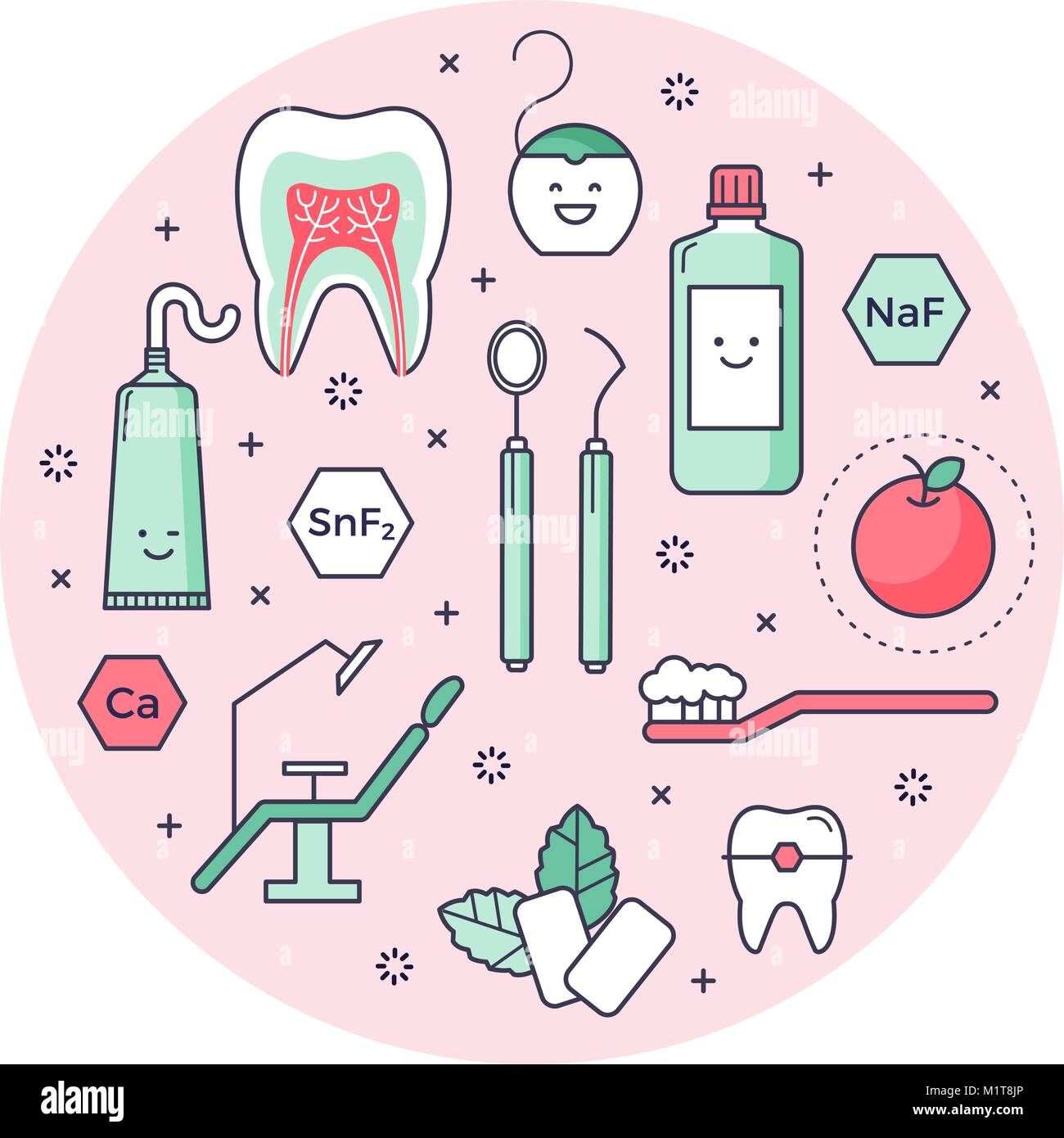 Vector background scientifico con le icone indicate sulle apparecchiature di dentista. Divertimento stile educativo, ottima per i bambini. Stomatologia e strumenti per ortodonzia Illustrazione Vettoriale
