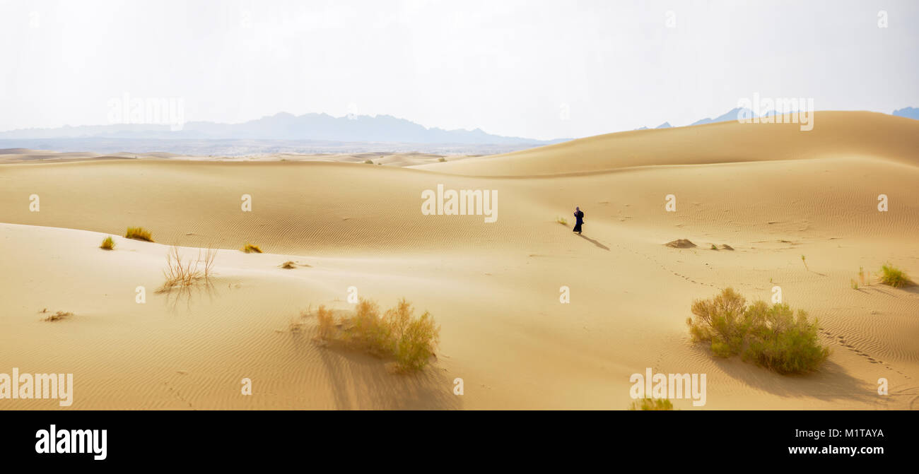 La persona solitaria va sul deserto, dune tratto all'orizzonte Foto Stock