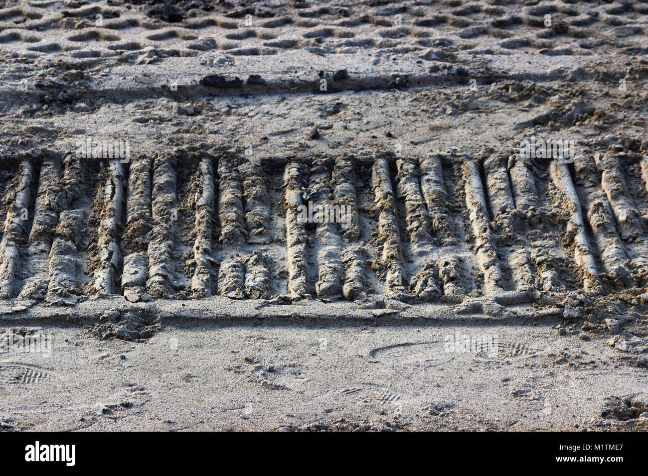 Una particolare impronta ruota escavatore cingolato nella sabbia sul sito per la costruzione di una strada. Gatchina Foto Stock
