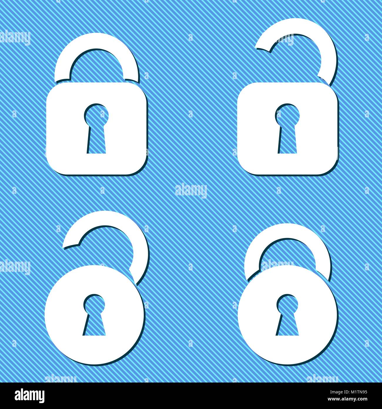 Quattro vettore bianco aperto e chiuso le icone a forma di lucchetto Illustrazione Vettoriale
