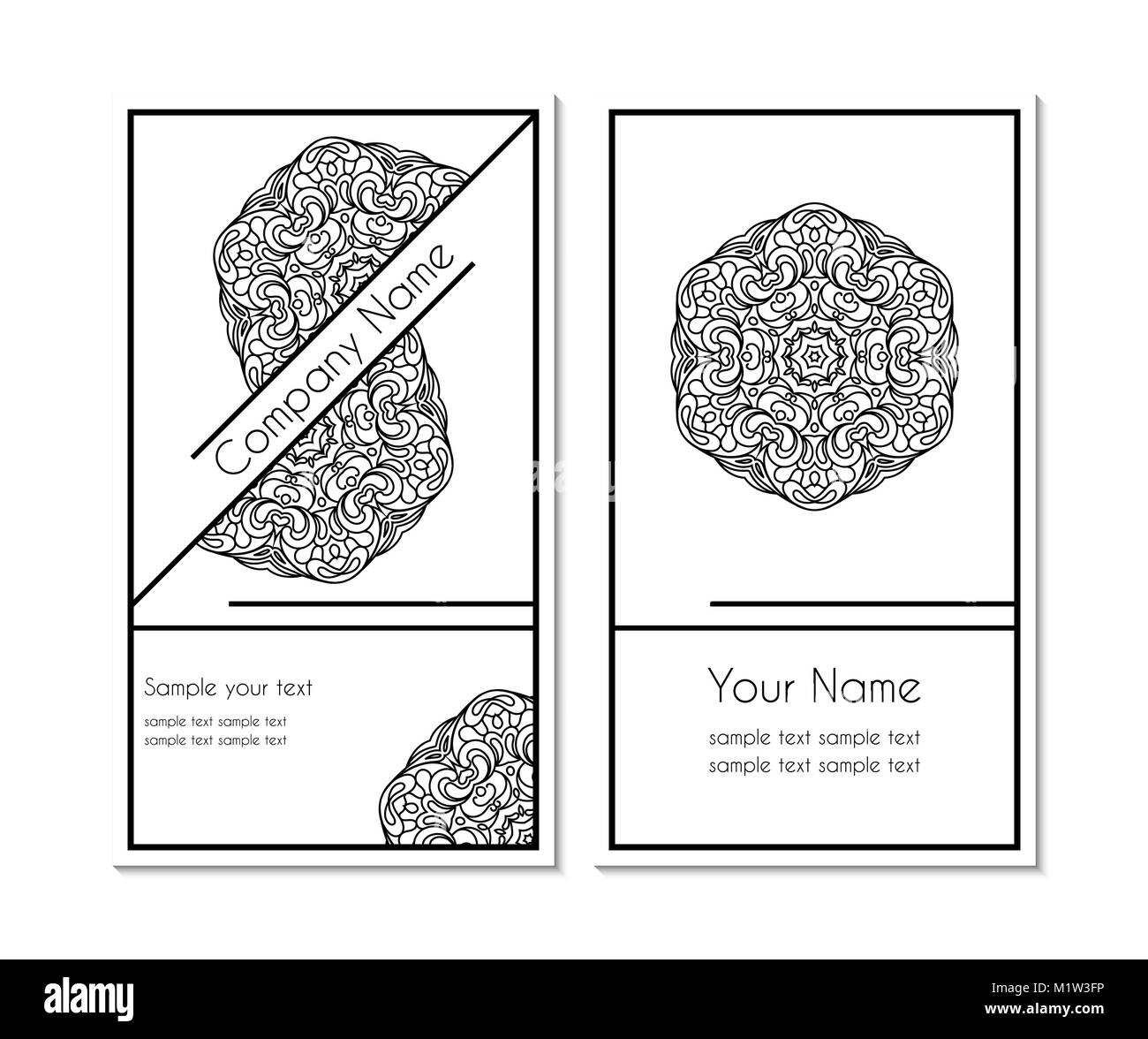 Bianco e nero business card con una circolare disegno ornamentale. Profilo di Lacy pattern su sfondo bianco Illustrazione Vettoriale