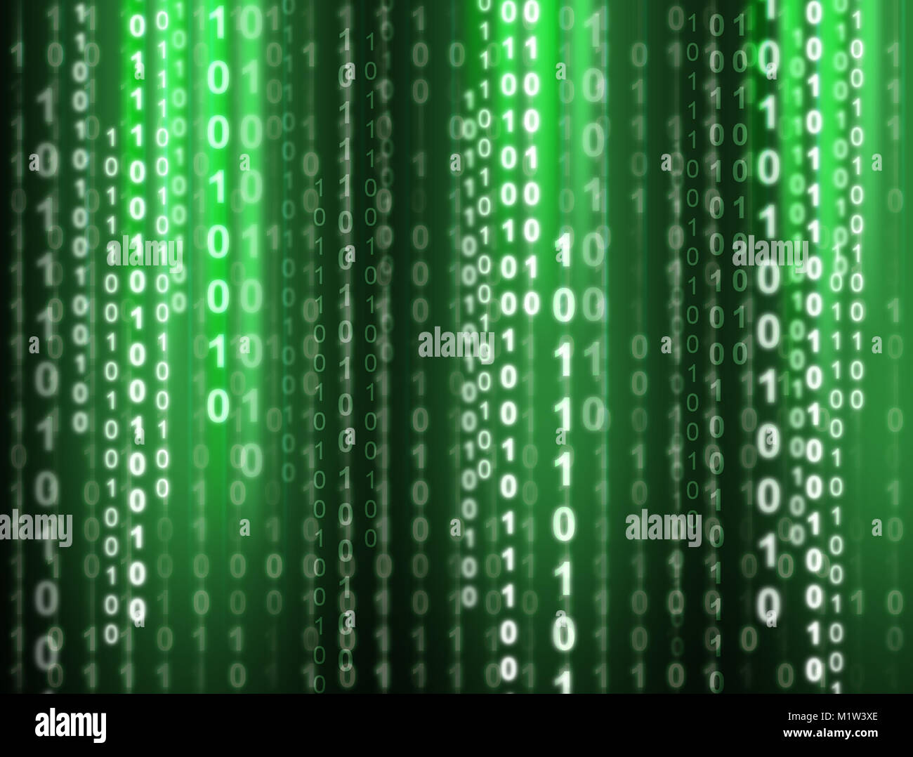 Codice binario che scorre su uno sfondo verde. Illustrazione Digitale. Foto Stock