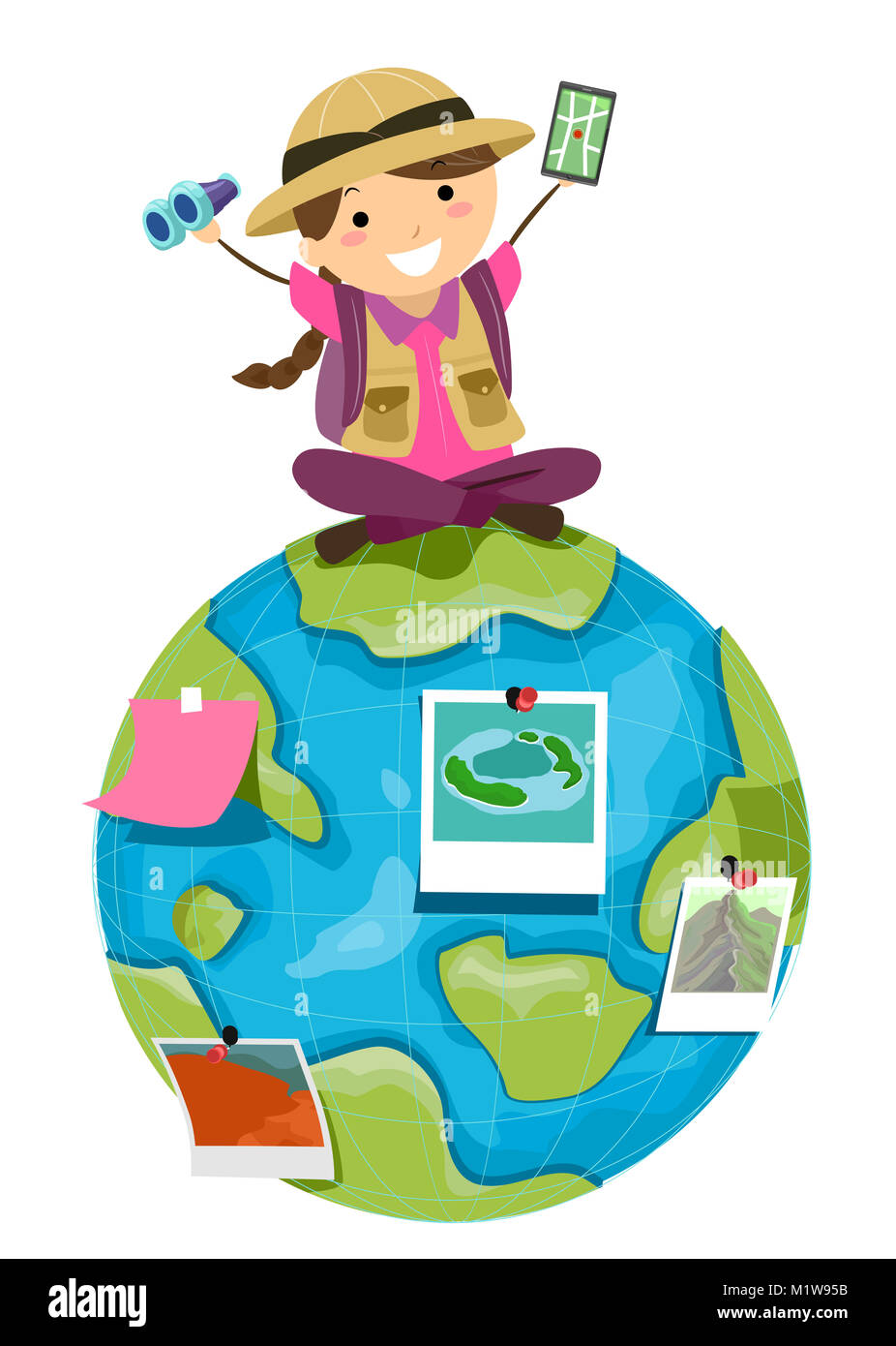 Illustrazione di un Stickman ragazza Kid Explorer sulla sommità del mondo tenendo Mobile Navigator e Binocolo Foto Stock