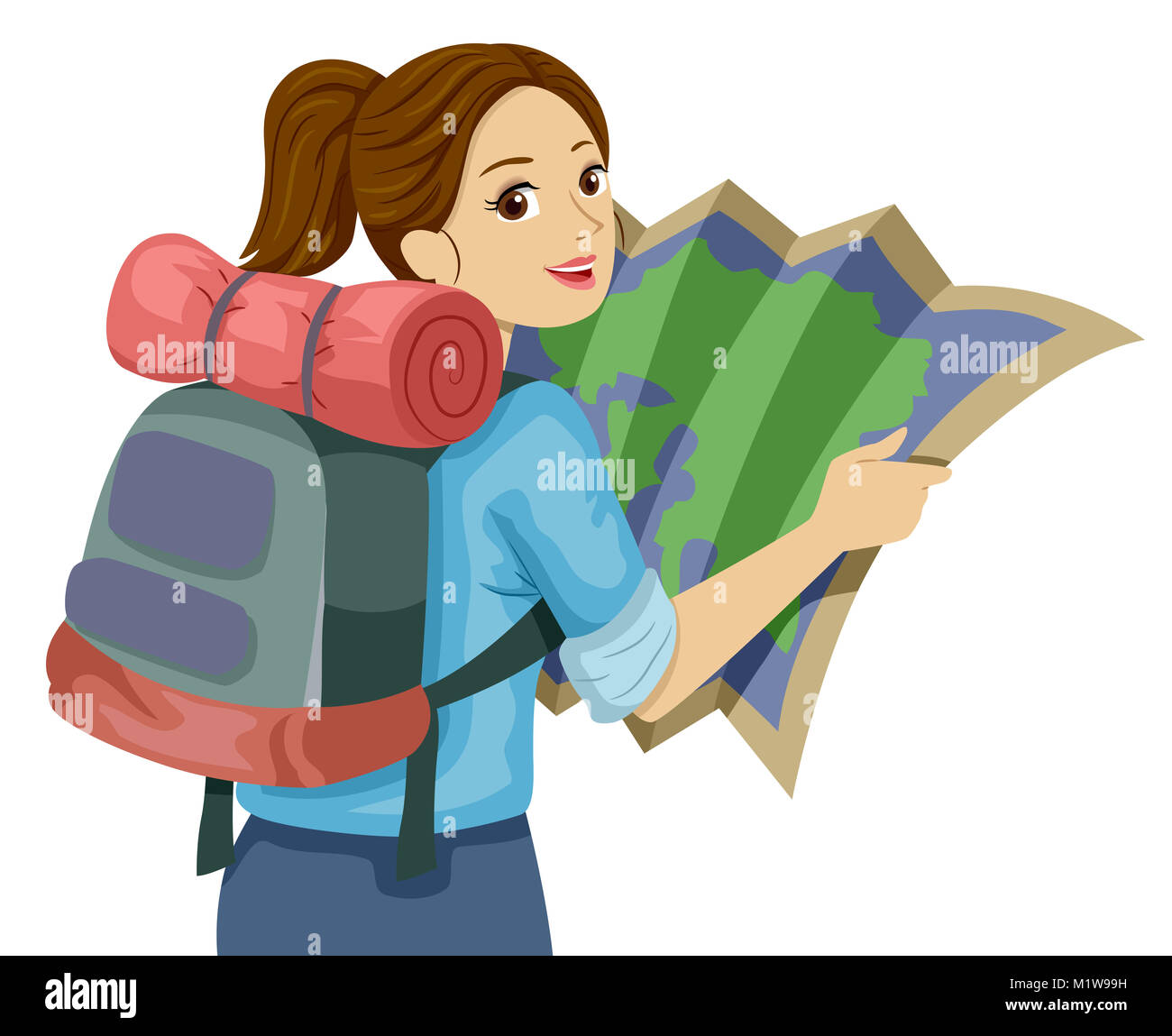 Illustrazione con una ragazza adolescente che porta uno zaino pesante  esaminando una mappa Foto stock - Alamy