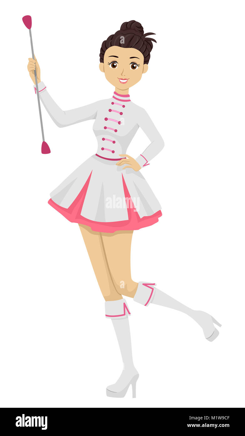Illustrazione dotato di una giovane ragazza adolescente in una majorette uniforme di giocare con la sua bacchetta Foto Stock