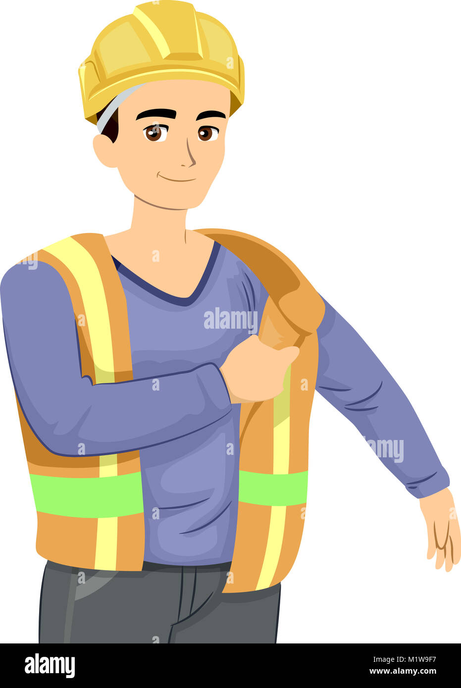 Illustrazione di un adolescente lavoratore di costruzione in un elmetto di sicurezza mettendo su un giubbotto di sicurezza Foto Stock