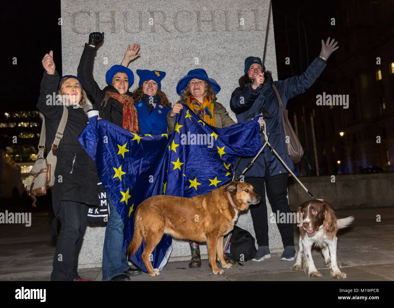 Westminster, Londra, 2 feb 2018. Anti Bexit dimostranti sventolano le bandiere. Sulla scia del recente trapelate Brexit carta di impatto, un pro-UE mob flash attorno a Piazza del parlamento si raduna per dimostrare contro Brexit. Credito: Imageplotter News e sport/Alamy Live News Foto Stock