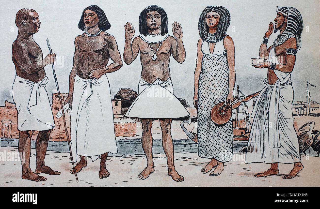 Abbigliamento nell'antico Egitto, il tempo del vecchio impero attorno a  2200BC, da sinistra, un funzionario civile o meglio mans abbigliamento con  stick, al tempo del Medio Impero circa 2100 BC, un funzionario