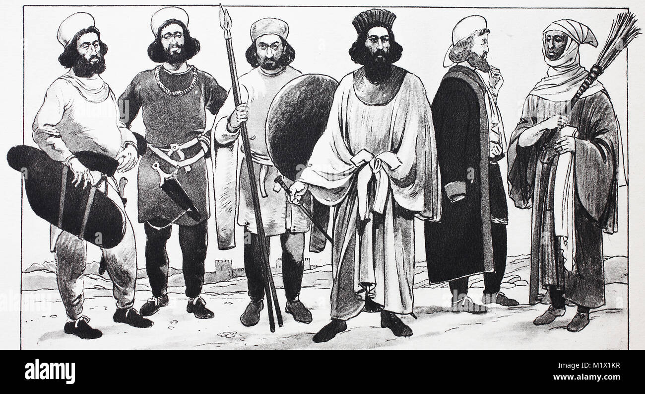 Abbigliamento moda in antica Persia 6.- 5. Secolo a.c. da sinistra, tre  guerrieri in persiano antico minigonna con cintura e pantaloni lunghi,  quindi un nobile persiano, poi un persiano in costume di