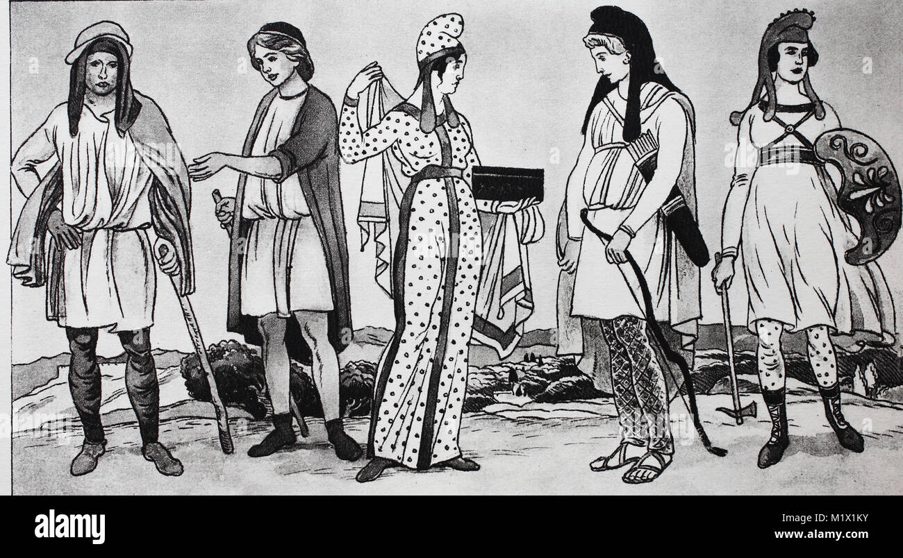 Abbigliamento moda del Phrygians, inizio di cultura greca, VIII e VII  secolo a.c. da sinistra, un pastore Frigia, allora un pastore dopo un  ellenistico-ser Near-Eastern sollievo, ragazza in Frigia, colorato costume  modellato,
