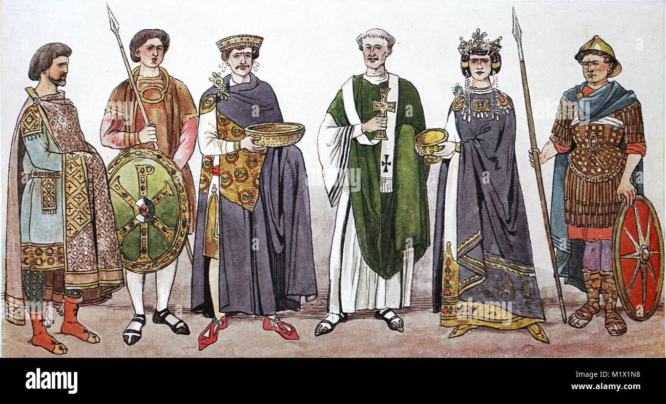 Abbigliamento, Moda presso la corte imperiale di Bisanzio, vi secolo, terzo da sinistra è l'imperatore Giustiniano secondo da destra è Imperatrice Teodora con la sua corte in quanto offrono offrono doni, lasciato un nobile Signore e poi una corazza dell'imperatore, l'imperatore, allora vescovo Maximinian, imperatrice e un guerriero bizantino, mosaico dipinti nel coro della chiesa di San Vitale a Ravenna, costose figure, digitale migliorata la riproduzione di un originale di stampa dal XIX secolo Foto Stock