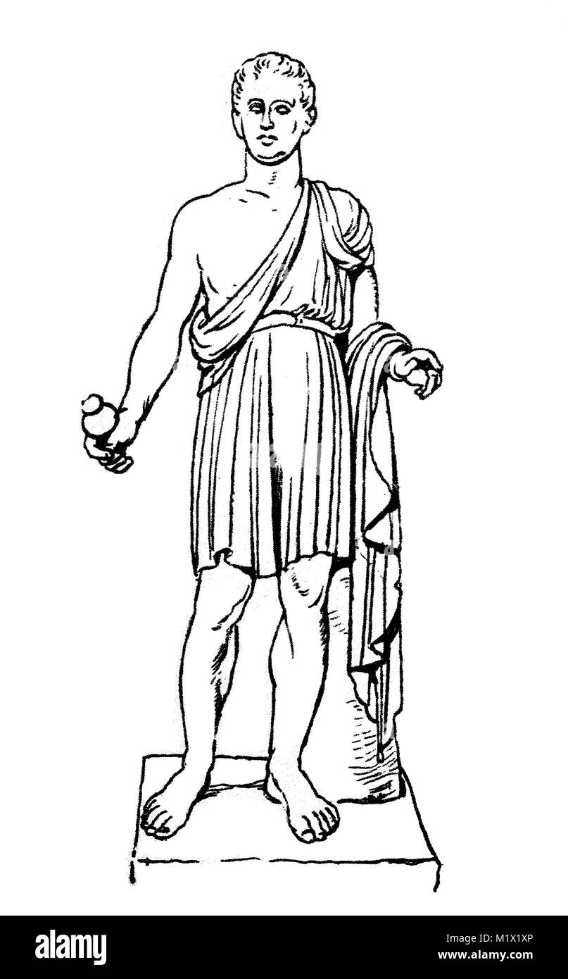 La moda, abbigliamento in Grecia, fiorente 5th-4secolo BC, un costume craftsmans, un breve chiton, tirata su di una spalla e l'altro braccio è libero, statua di Efesto, Dio del fabbro, digitale migliorata la riproduzione di un originale di stampa dal XIX secolo Foto Stock