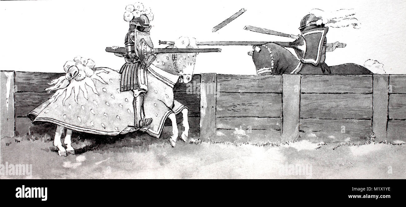 La moda, abbigliamento, cavalieri armor nel tardo Medioevo, Lancet torneo o sensazione puntoria oltre le barriere in legno, sulla destra della Renania Palatinato il conte Friedrich e sulla sinistra il duca Guglielmo IV di Baviera, digitale migliorata la riproduzione di un originale di stampa dal XIX secolo Foto Stock