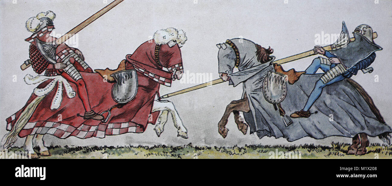 Moda, abbigliamento, cavalieri armor, Tedesco costumi torneo intorno al 1500-1515, sulla sinistra il duca Guglielmo IV di Baviera e sulla destra il Ritter von Egloffstein al cosiddetto Scharfrennen tedesco, digitale migliorata la riproduzione di un originale di stampa dal XIX secolo Foto Stock