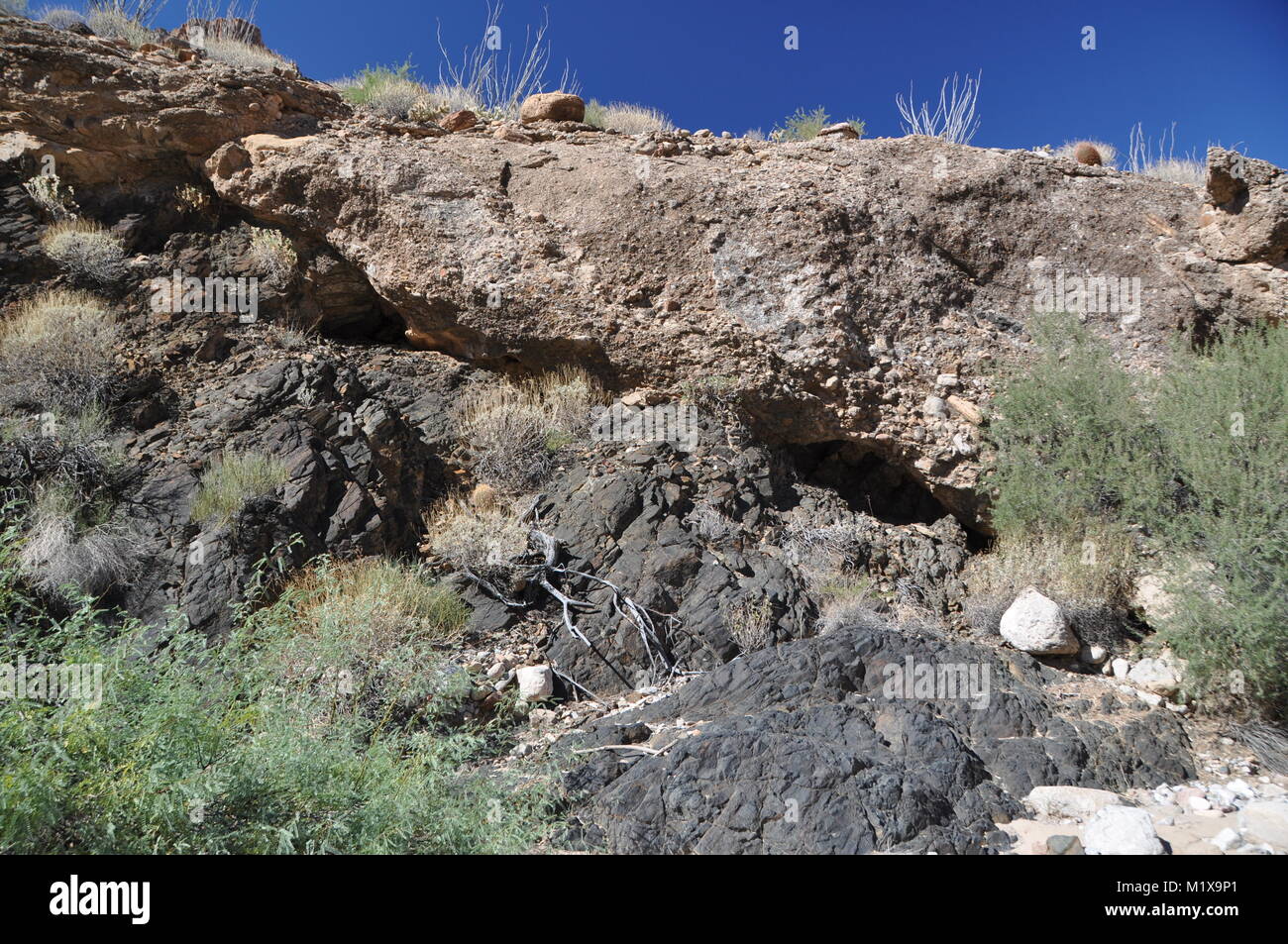 Unconformity angolare tra Precambrian metamorfico e Neogene hillslope depositi, Peach Springs Canyon, il Grand Canyon, Arizona, Stati Uniti d'America Foto Stock