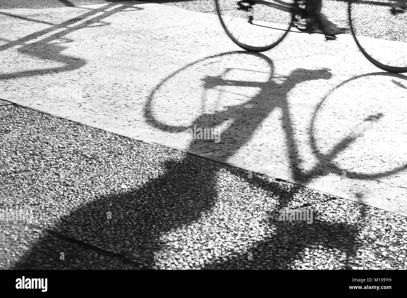 Per ciclista ombra sulla strada Foto Stock