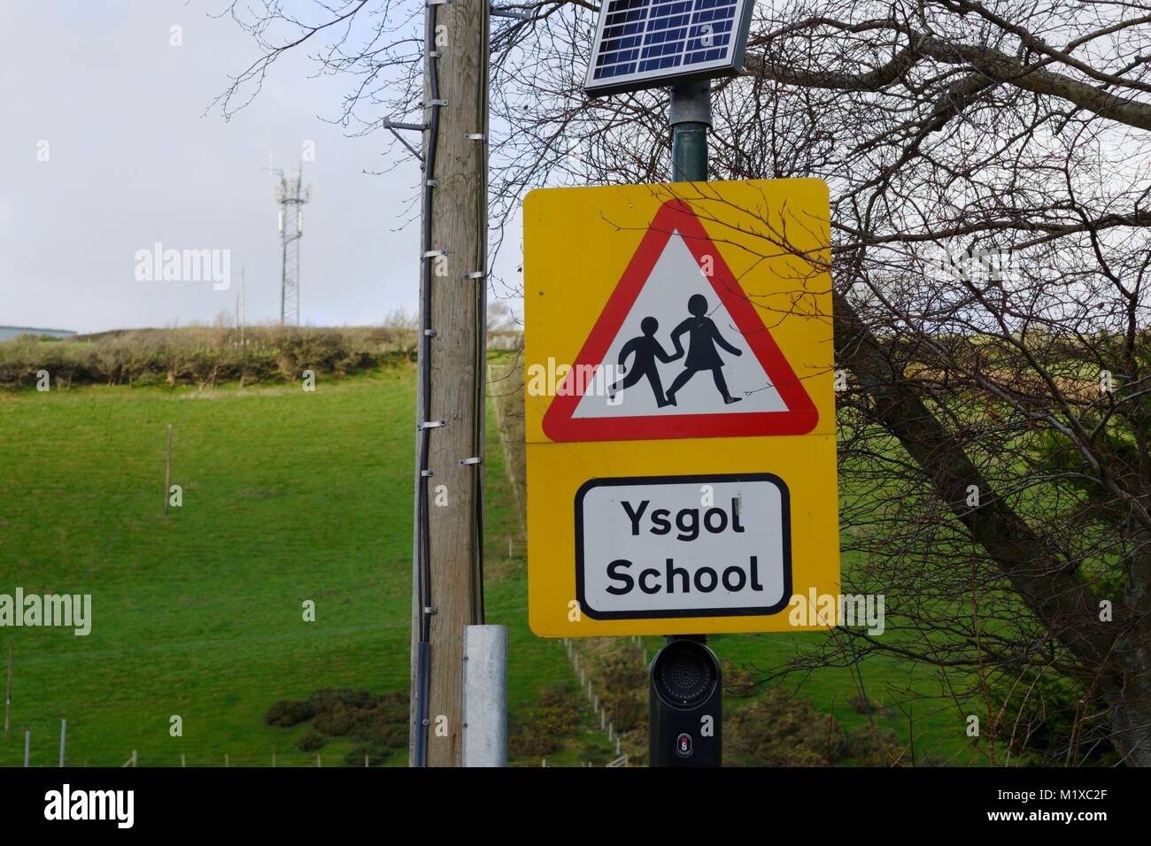 Telefono cellulare il montante vicino a una scuola, Llanrhystud, Wales, Regno Unito Foto Stock