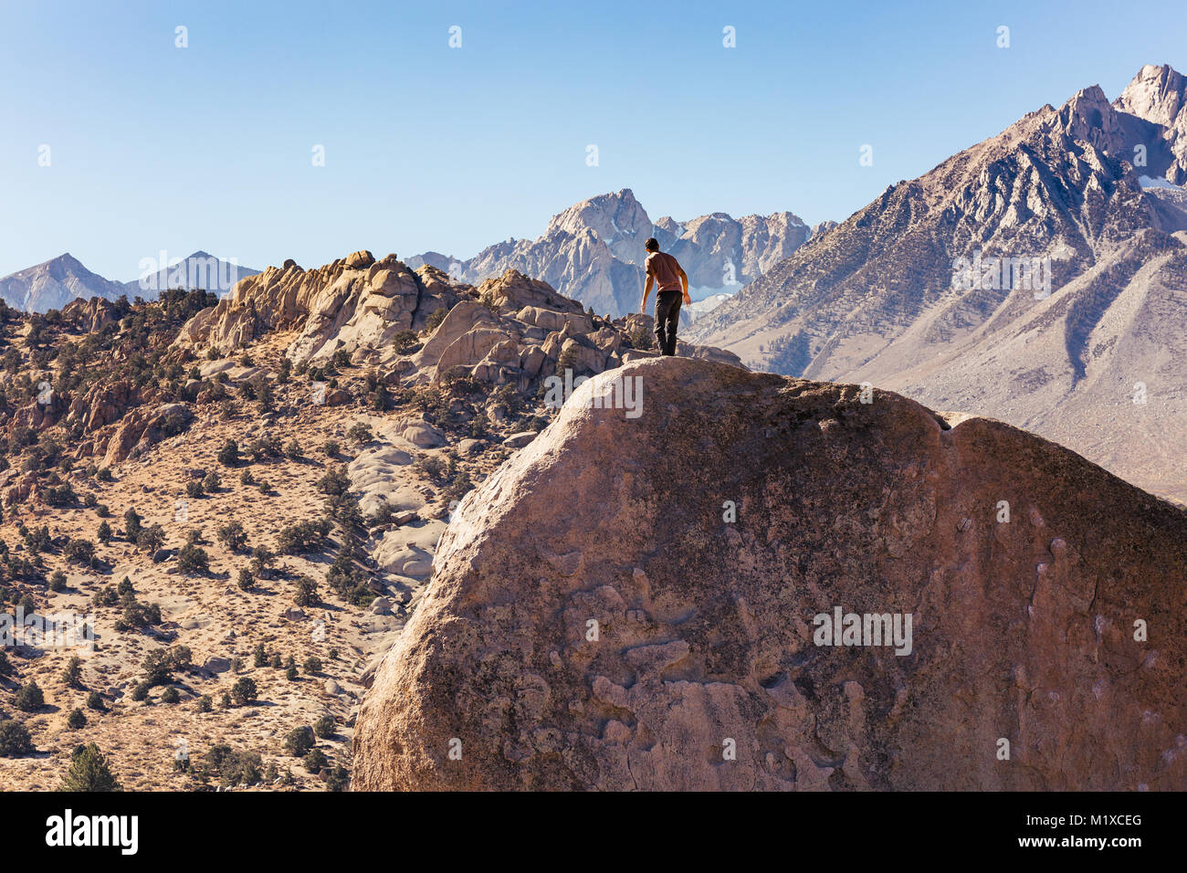 Uomo rock si arrampica su un enorme masso di granito nel latticello area del Vescovo, in California con la Sierra Nevada dietro Foto Stock