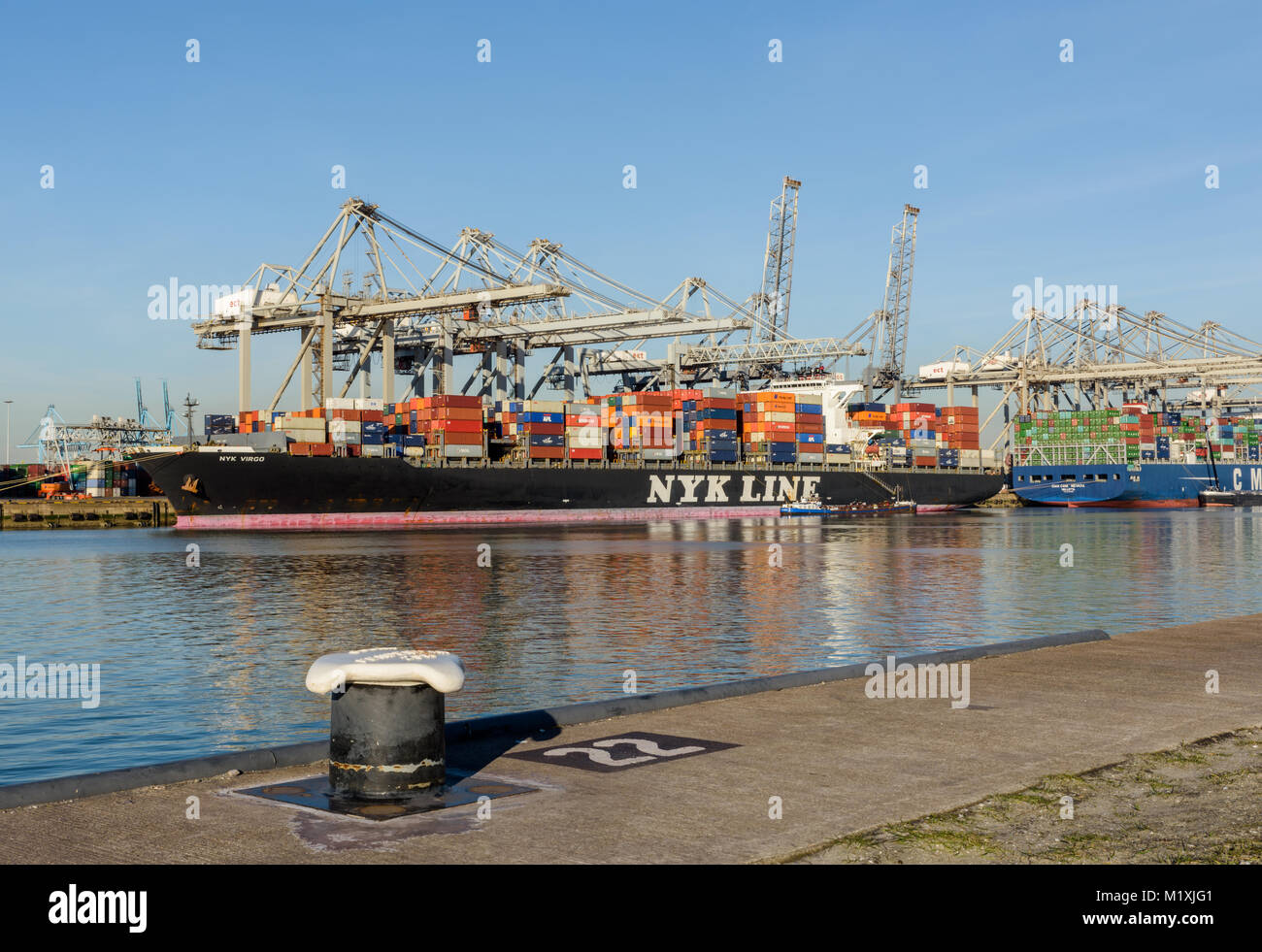 ROTTERDAM, Paesi Bassi - 16 febbraio 2016: Il contenitore nave NYK VIRGO della NYK Line è ormeggiata presso il terminale di ECT nel porto di Rotterdam, T Foto Stock