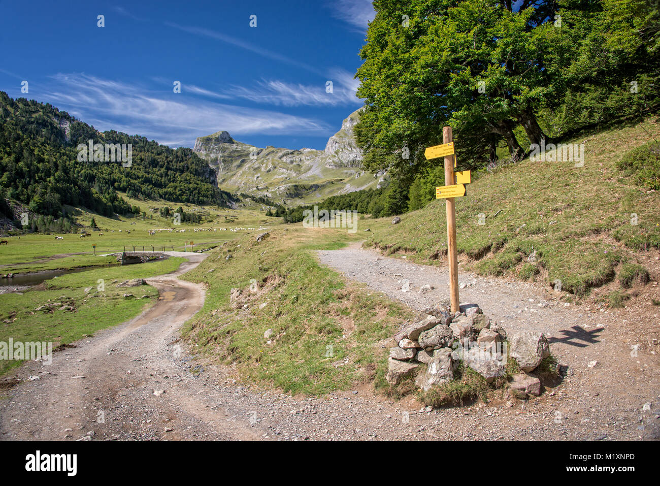 Escursionismo direzione segno, Ossau Pirenei, Francia Foto Stock