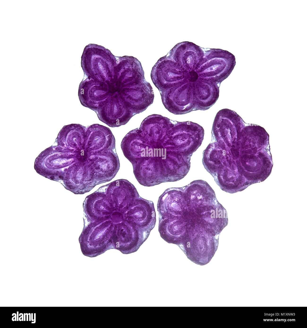 Violet candy, Hard Candy in forma di fiore violaceo, aromatizzati con fiore violaceo essenza, tradizionalmente realizzati in Spagna a Madrid. Foto Stock