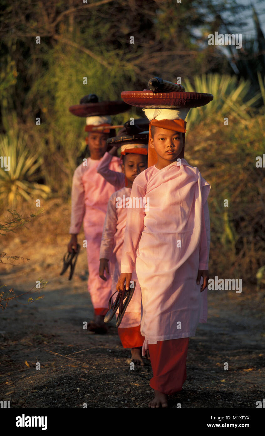 Myanmar (Birmania). Bagan (pagano). Giovane buddista monache che porta ombrellone e la piastra sulla testa. La raccolta di cibo, ALMS. Foto Stock