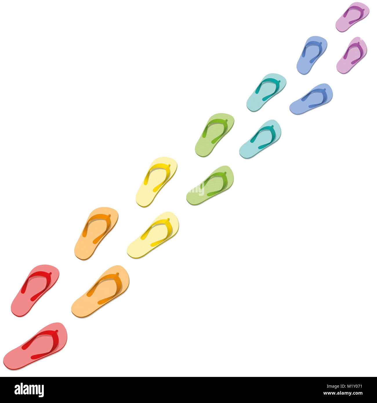 Footprint - colorata flip flop via sulla strada per una felice vacanza estiva - illustrazione su sfondo bianco. Foto Stock