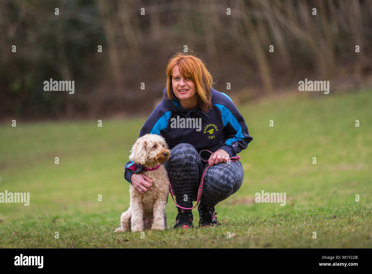 Piccolo cucciolo terrier cane con il suo proprietario femmina in un parco Foto Stock