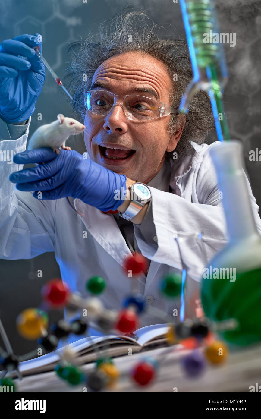 Lo scienziato pazzo con espressione interessati sulla faccia fare un esperimento su mouse di laboratorio Foto Stock