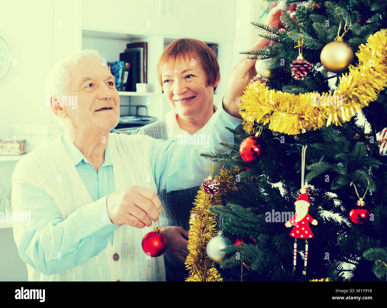 Coppia di anziani che si prepara a celebrare nella sua casa natale e Anno Nuovo Foto Stock