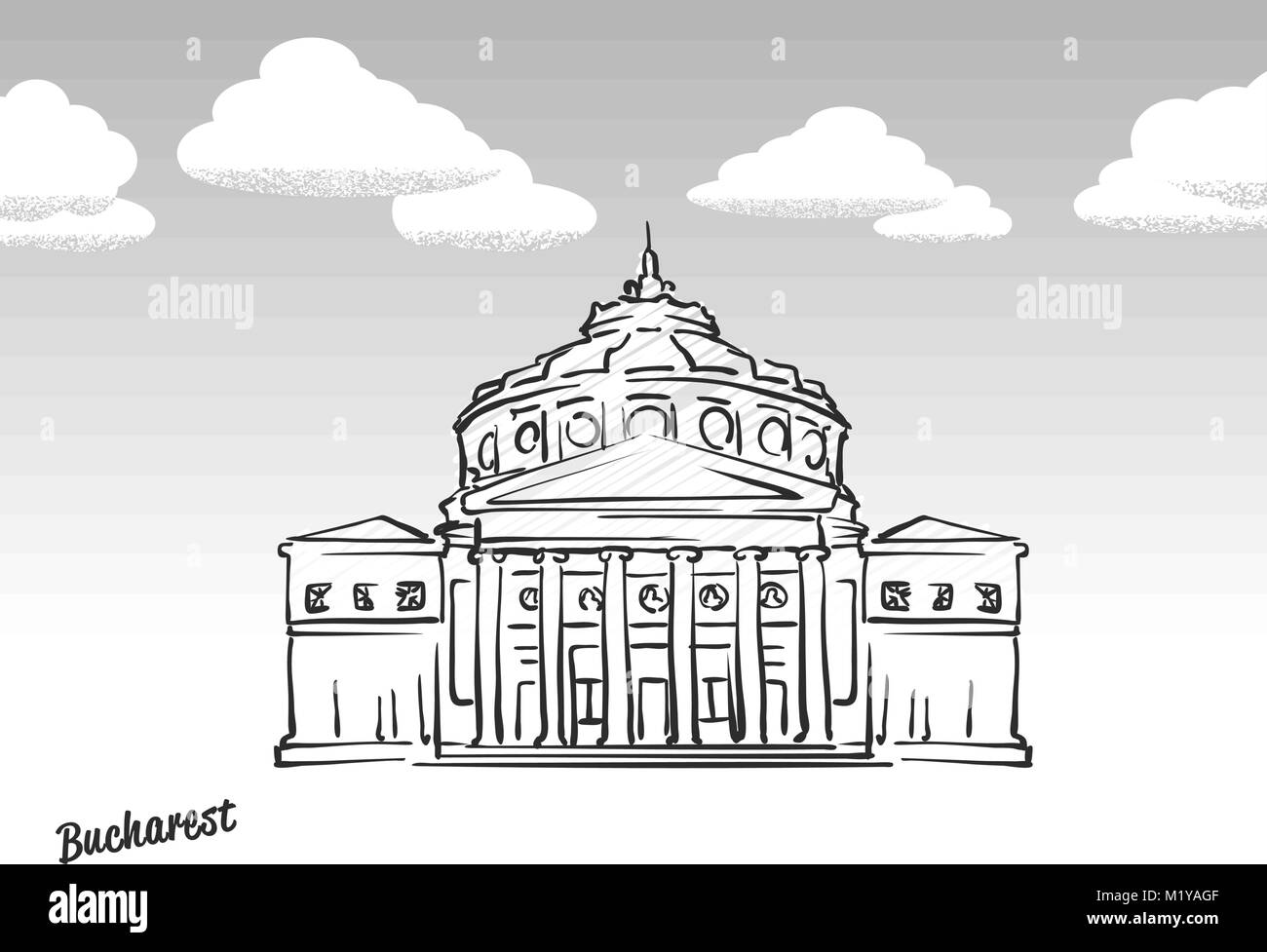 Bucarest, Romania famoso sketch. Lineart disegno a mano. Biglietto di auguri icona con titolo, illustrazione vettoriale Illustrazione Vettoriale