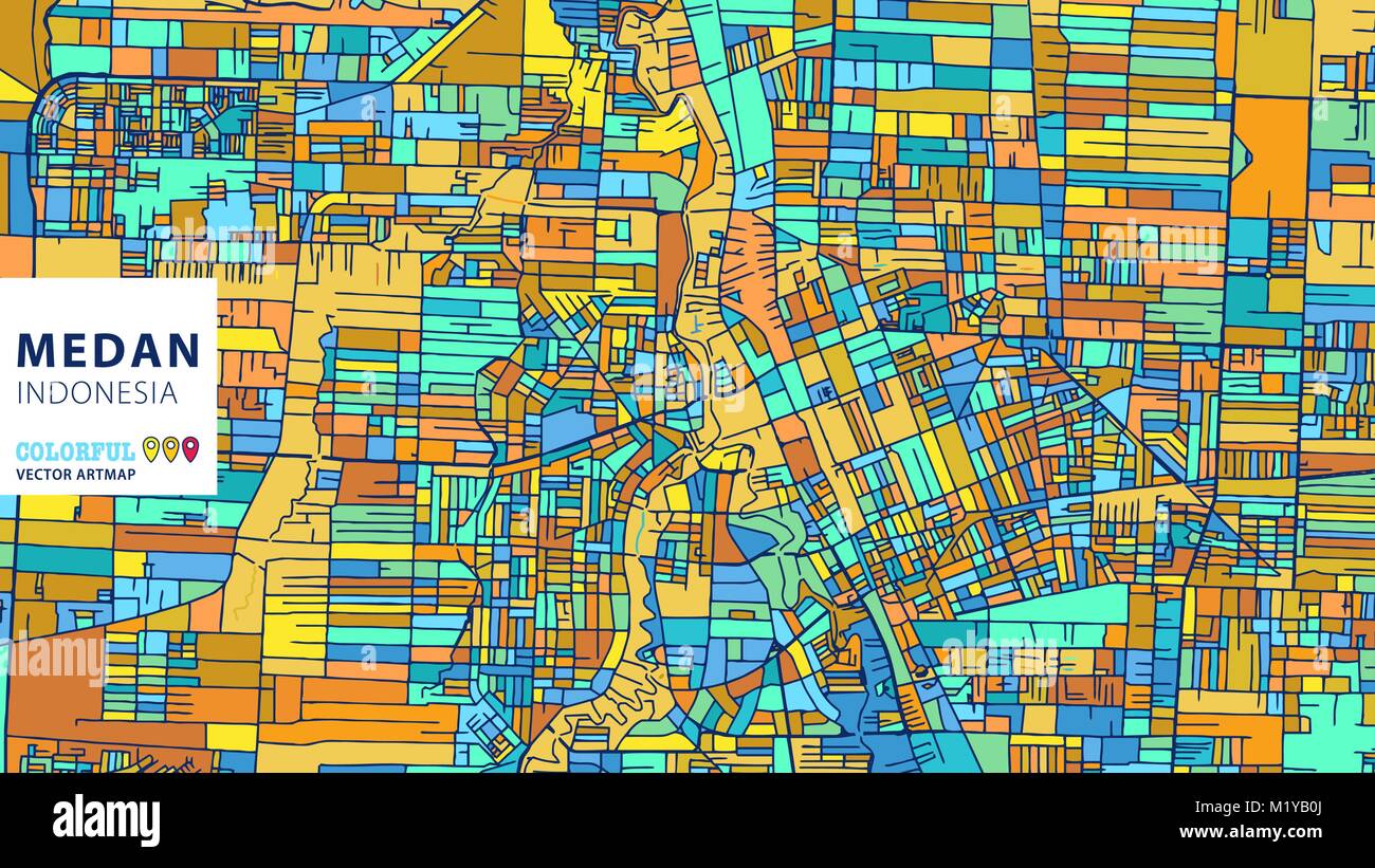Medan, Indonesia, colorati Artmap vettore. Blue-Orange-versione gialla per il sito Web Infografico parete, arte e biglietto di auguri sfondi. Illustrazione Vettoriale