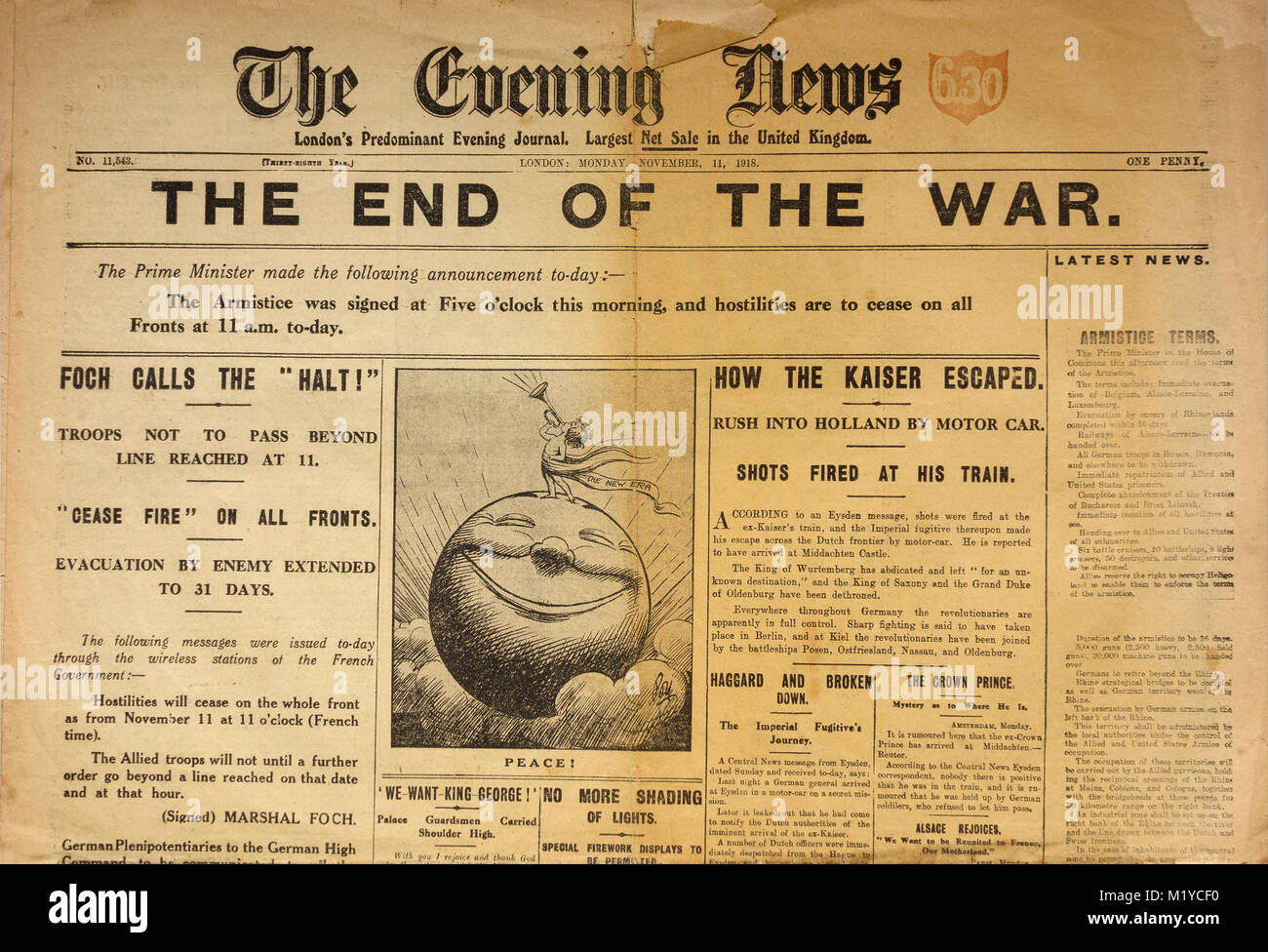 Originale il giorno dell'armistizio quotidiano 'l'Evening News' annunciando la fine di WW1 Foto Stock