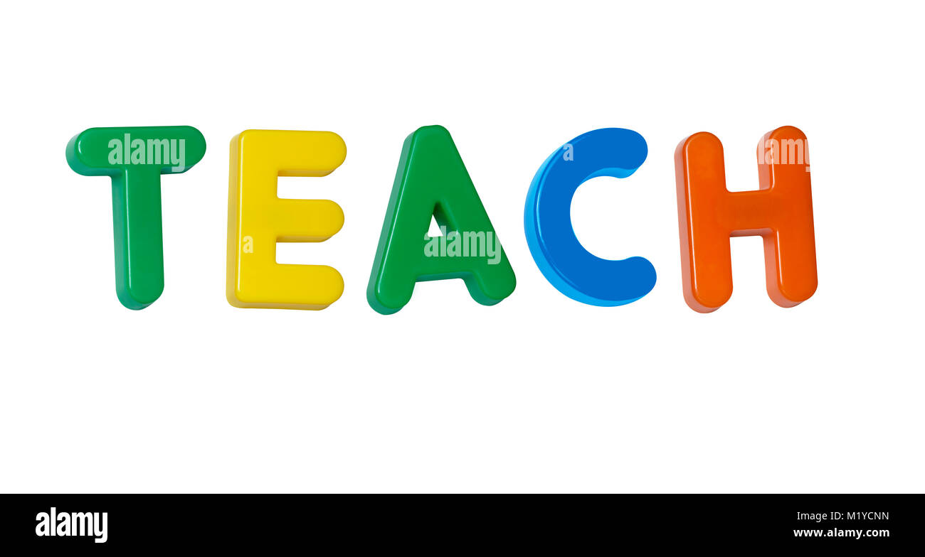 La parola "insegnare" costituita da plastica colorata lettere Foto Stock
