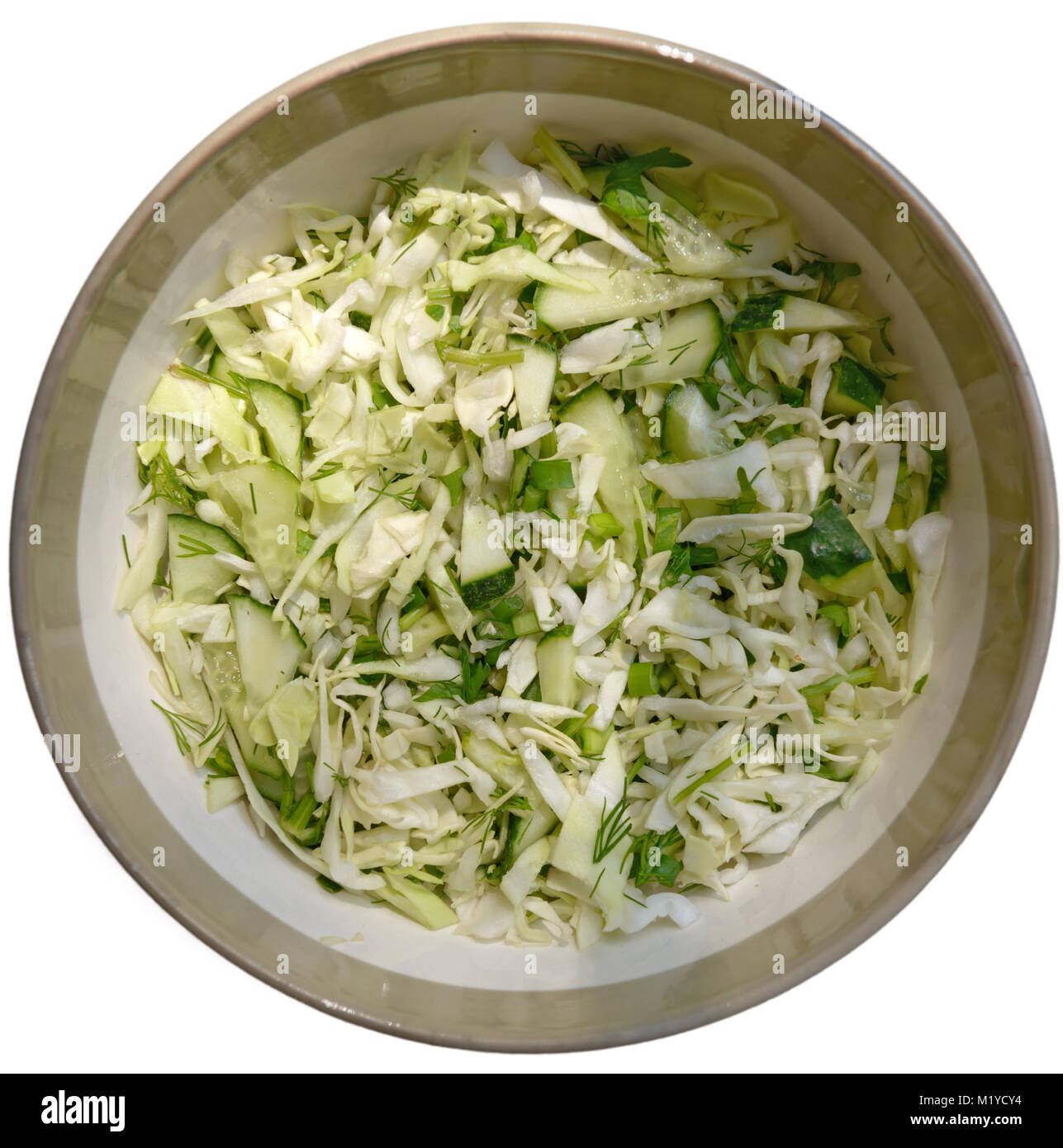 Top close-up vista isolata di fresco con insalata primavera oaf cavolo tagliato a fette con il cetriolo, la cipolla verde e aneto t è in tondo vaso in ceramica. Foto Stock