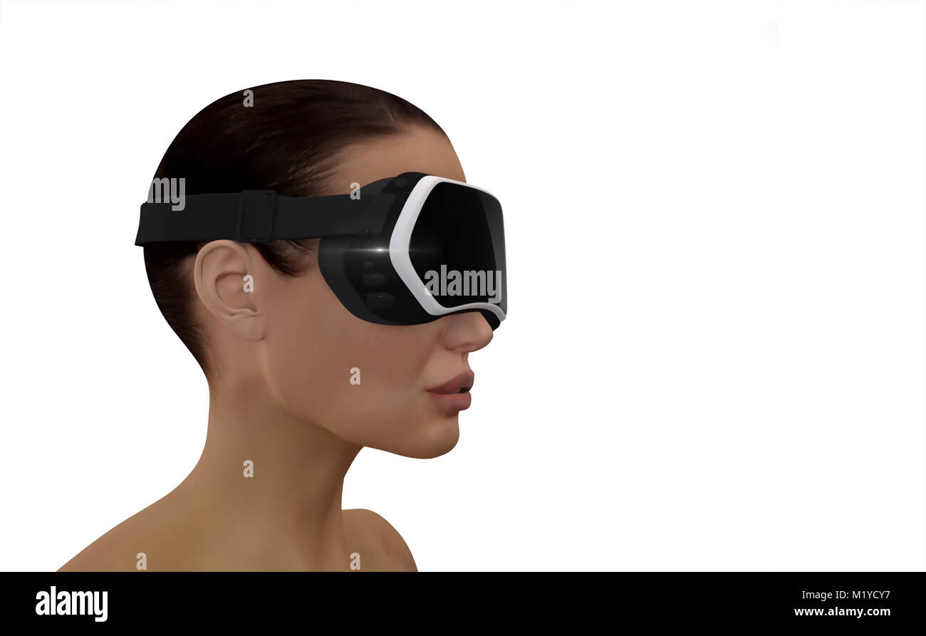 3D illustrazione di una donna che indossa una realtà virtuale testa-display montato (HMD). Foto Stock
