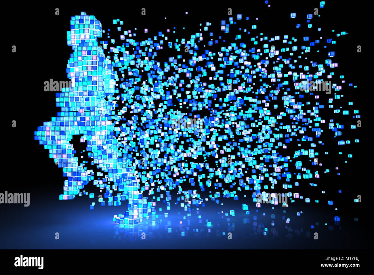 L'uomo figura costituita da pixel luminosi corre attraverso le tenebre. 3D illustrazione Foto Stock