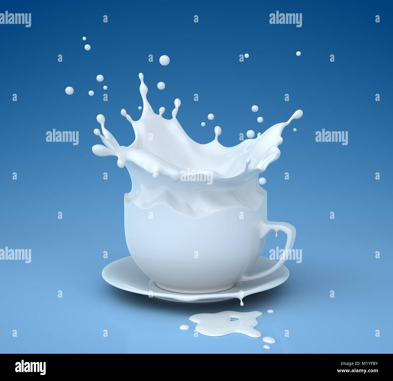 Schizzi di latte in forma di una tazza. 3D illustrazione Foto Stock