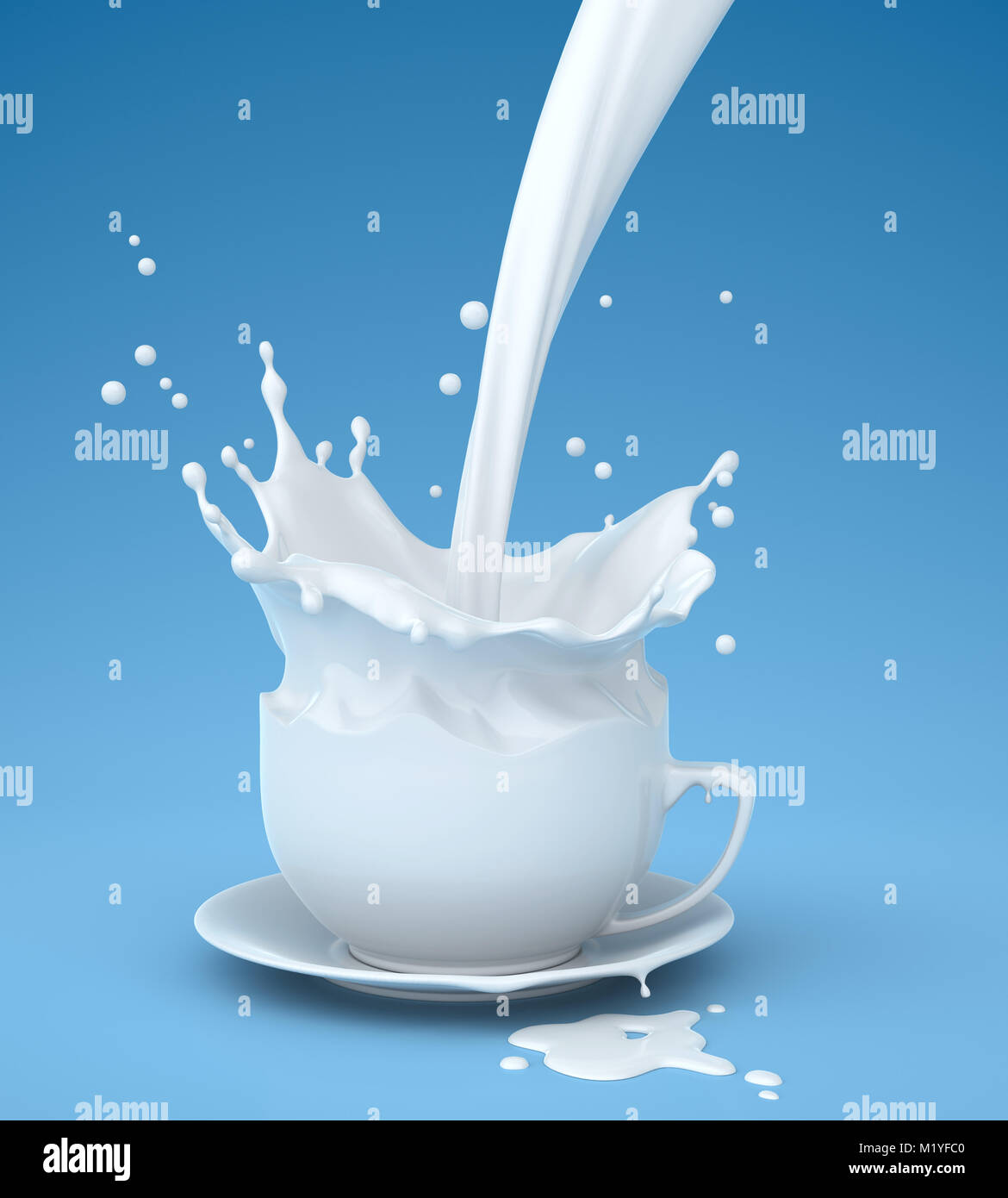 Versare il latte in una tazza. 3D illustrazione Foto Stock